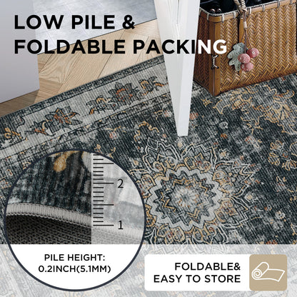 Joydeco Runner Rug Non Slip Machine Washable Vintage Rug, Low Pile Non Slip Chenille Print Rugs for Living Room, Entryway, Bedroom, Kitchen and Corridor, Bathroom