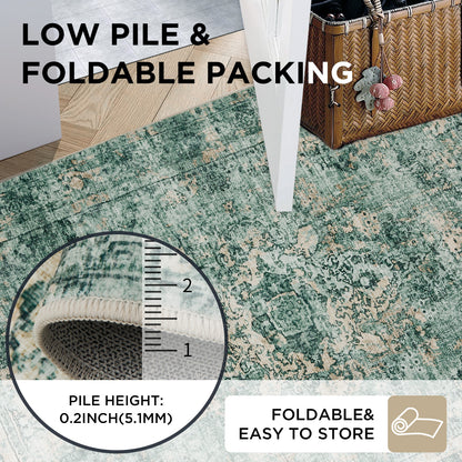 Joydeco Runner Rug Non Slip Machine Washable Vintage Rug, Low Pile Non Slip Chenille Print Rugs for Living Room, Entryway, Bedroom, Kitchen and Corridor, Bathroom