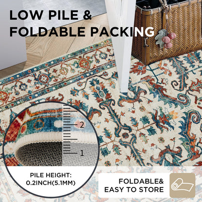 Joydeco Runner Rug Non Slip Machine Washable Vintage Rug, Low Pile Non Slip Chenille Print Rugs for Living Room, Entryway, Bedroom, Kitchen and Corridor, Bathroom