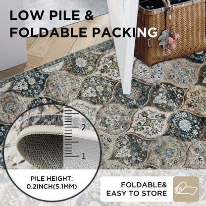 Joydeco Runner Rug Non Slip Machine Washable Vintage Rug, Low Pile Non Slip Chenille Print Rugs for Living Room, Entryway, Bedroom, Kitchen and Corridor, Bathroom