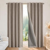 Natural linen blackout curtains with grey liner, rod pocket and back tab, 96 inch long, 2 panels shown.