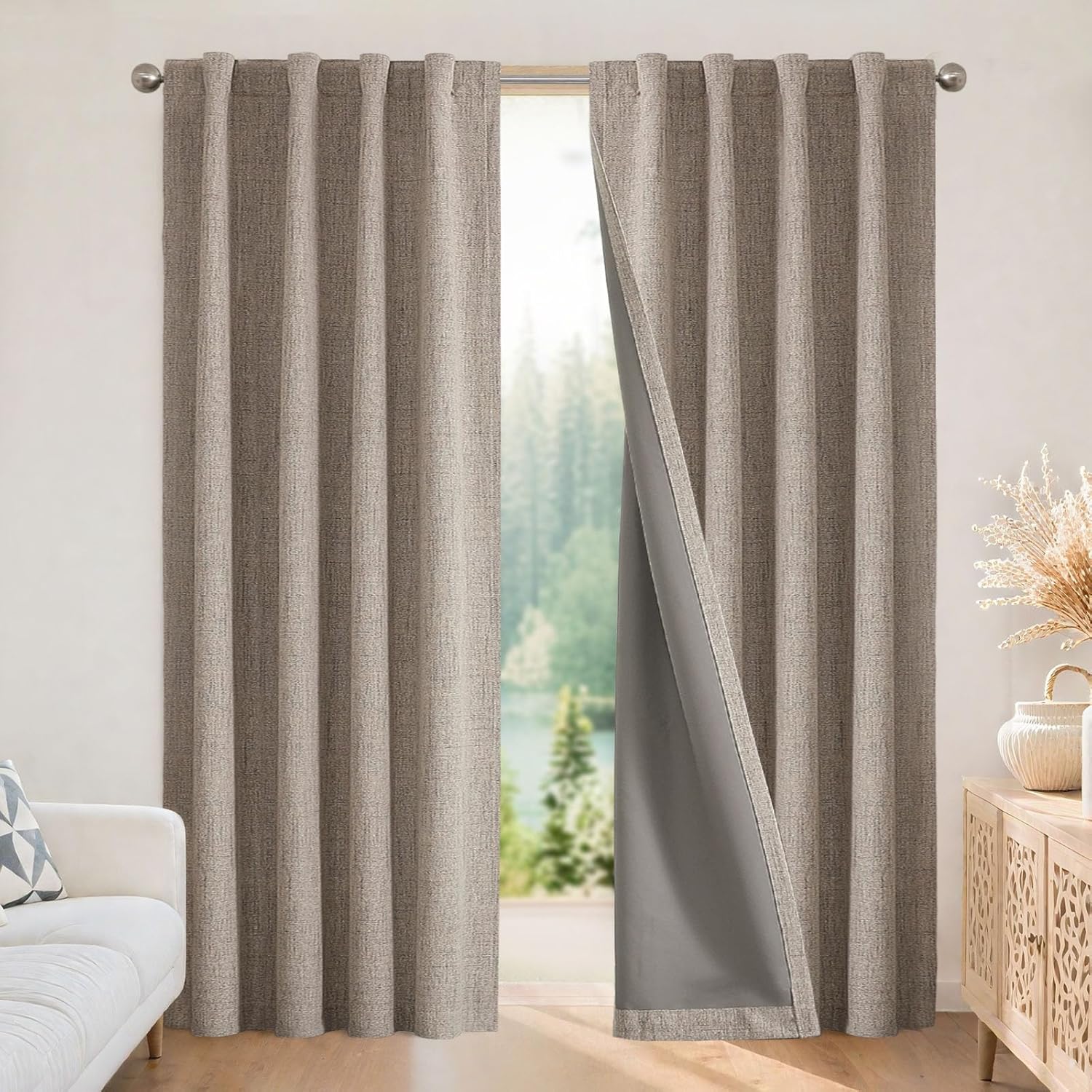Natural linen blackout curtains with grey liner, rod pocket and back tab, 96 inch long, 2 panels shown.