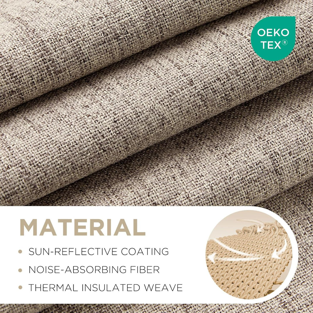 Speckled beige faux linen fabric close-up with Oeko-Tex tag, showing thermal weave & noise-absorbing fiber.