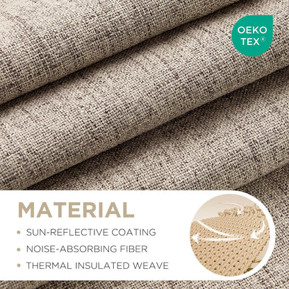 Speckled beige faux linen fabric close-up with Oeko-Tex tag, showing thermal weave & noise-absorbing fiber.