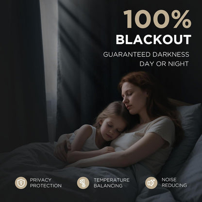 Joydeco 100% blackout curtains ensure deep sleep for mother and child, blocking light, noise, and balancing temperature.