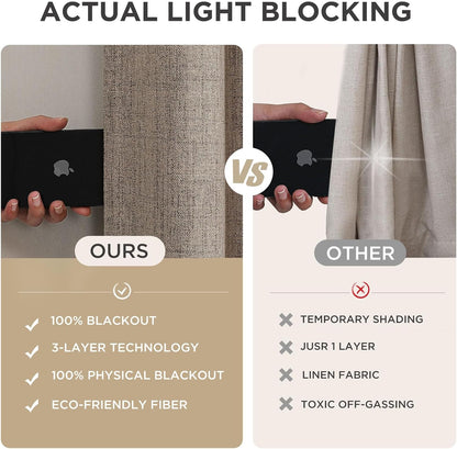 Joydeco blackout curtains 100% light blocking vs. competitors. Superior thermal insulation and privacy demonstration.