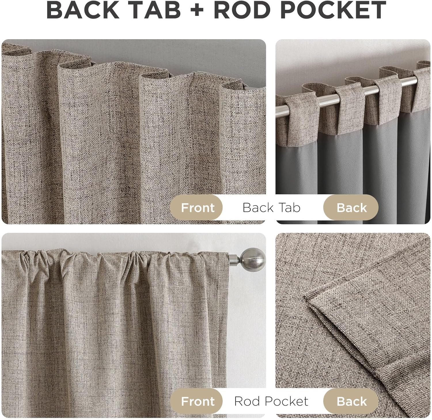 Joydeco faux linen curtains showing back tab and rod pocket installation, close-up of textured fabric and grey liner.