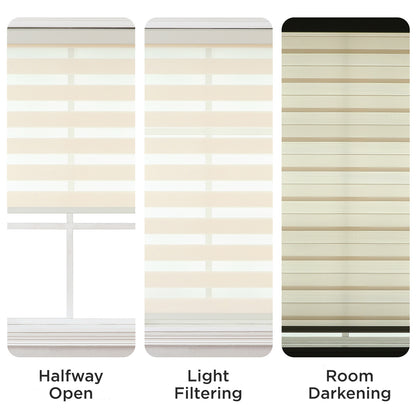 Joydeco beige and white cordless zebra blinds demonstrating halfway open, light filtering, and room darkening modes.