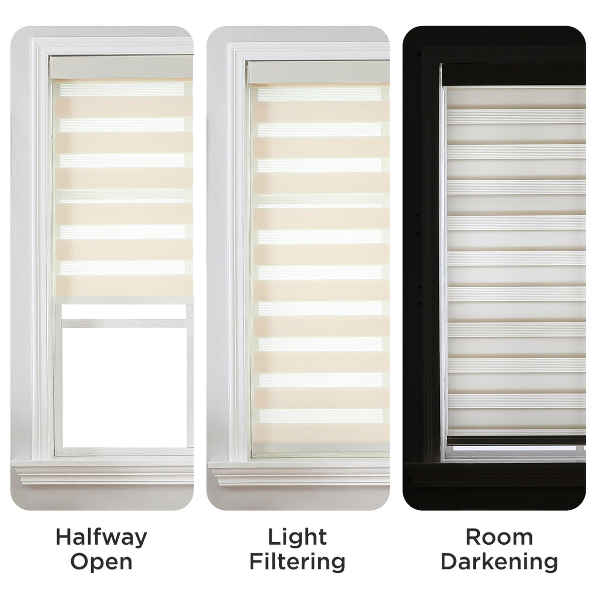 Joydeco Pro beige cordless zebra blinds show light control: halfway open, light filtering, and room darkening positions.