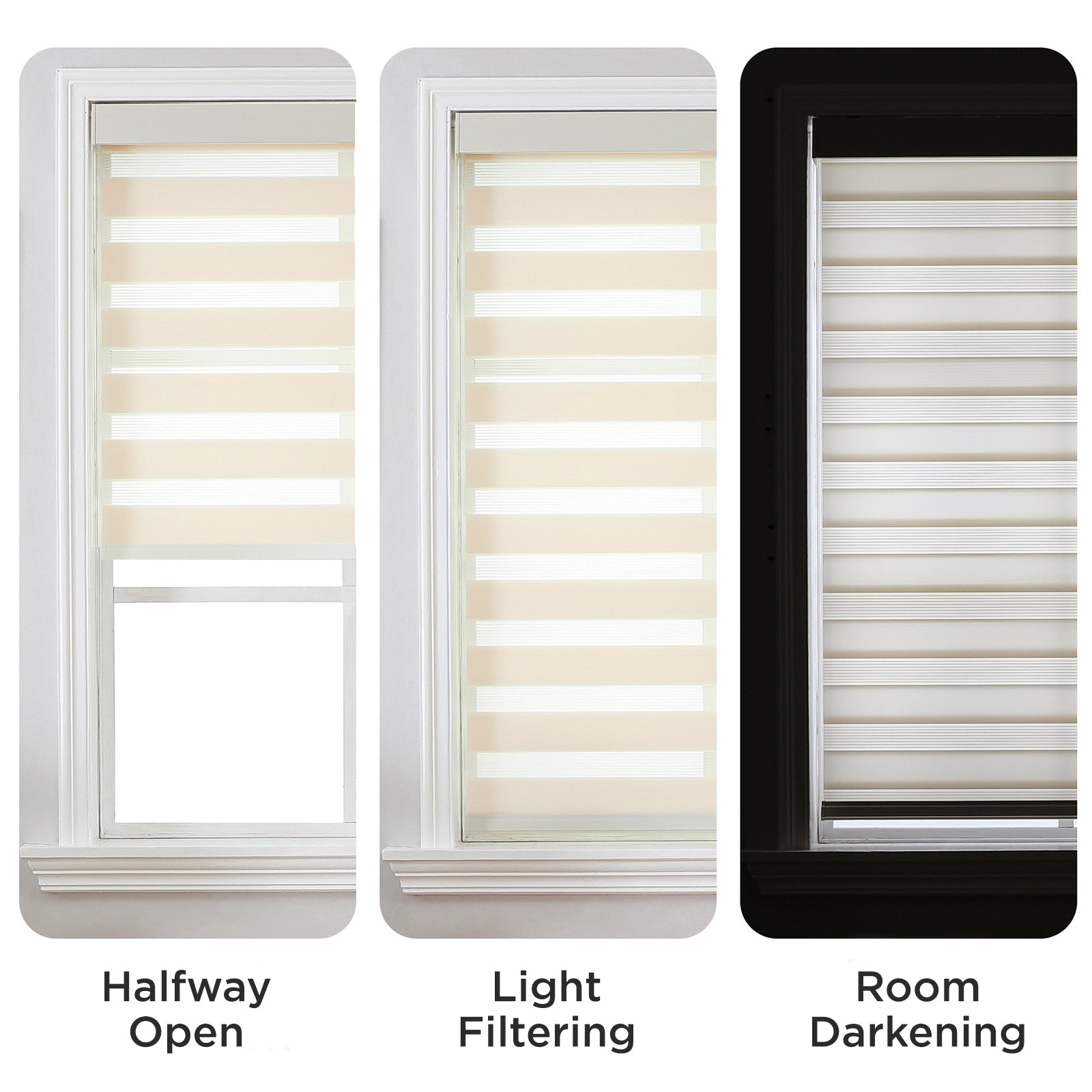 Joydeco Pro beige cordless zebra blinds show light control: halfway open, light filtering, and room darkening positions.