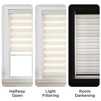 Joydeco Pro beige cordless zebra blinds show light control: halfway open, light filtering, and room darkening positions.