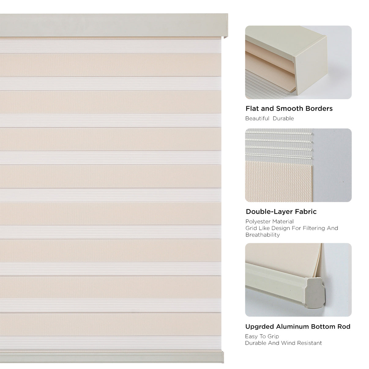 Joydeco Cordless Zebra Blinds Pro: Beige & white dual-layer fabric, aluminum headrail & bottom rod for light control.