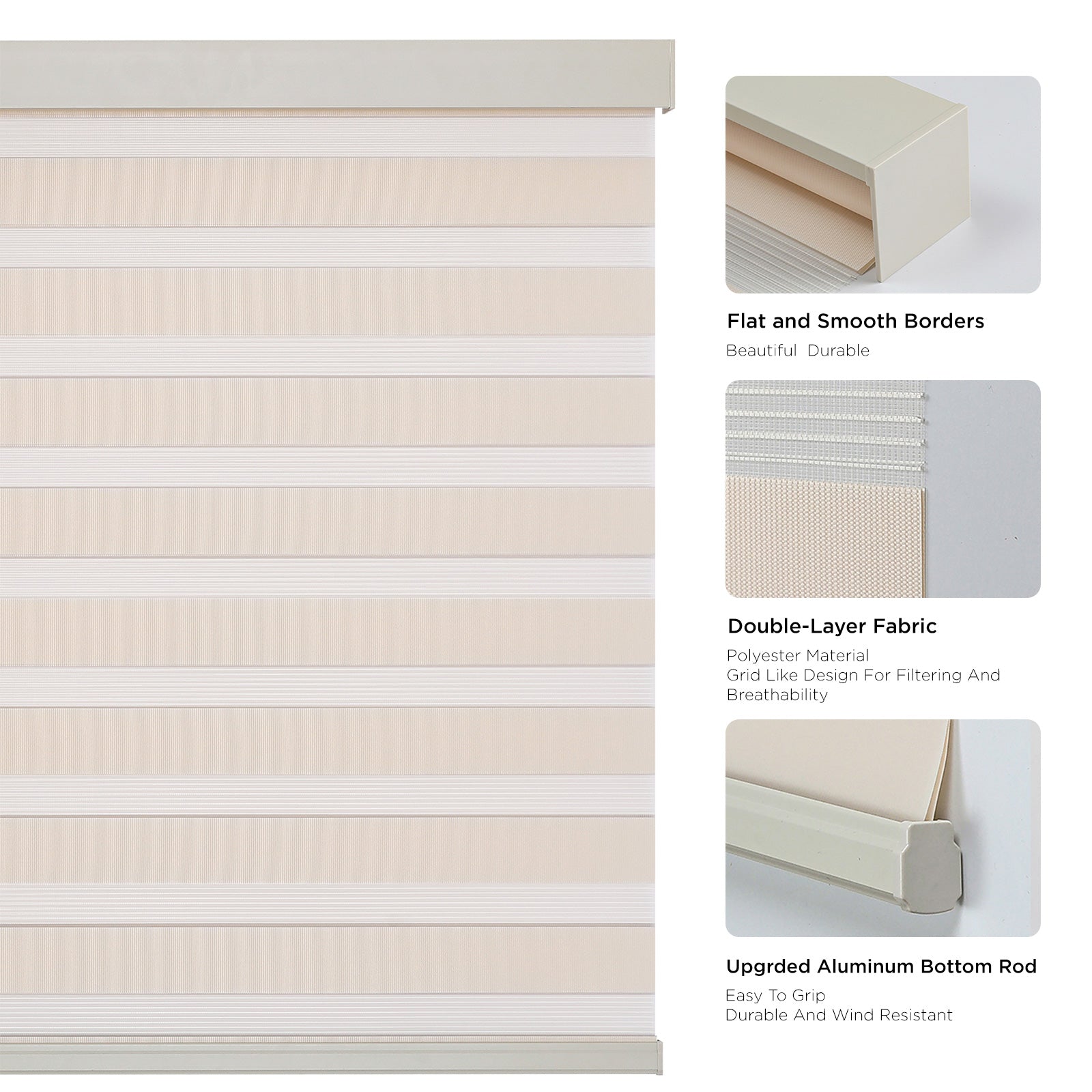 Joydeco Cordless Zebra Blinds Pro: Beige & white dual-layer fabric, aluminum headrail & bottom rod for light control.