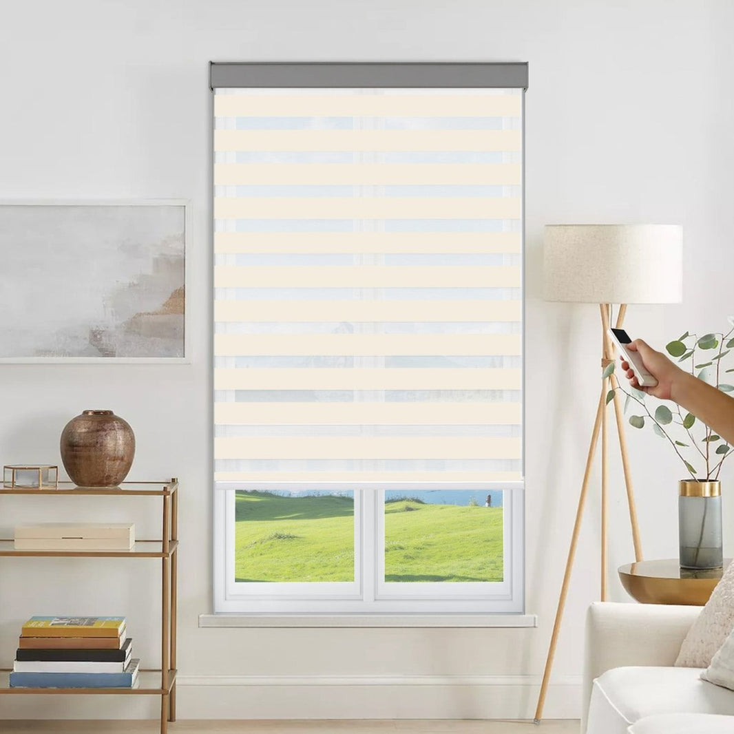 Joydeco motorized dual zebra shade remote operation, light filtering fabric, grey valance on living room window.