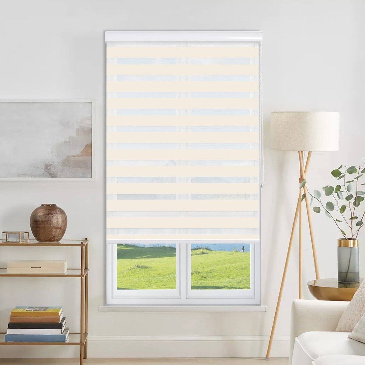 Beige Joydeco dual zebra shade with light filtering and privacy stripes on a white window frame.