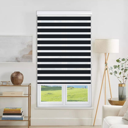 Joydeco black and white zebra stripe dual shade, cordless, light filtering, mounted on window.