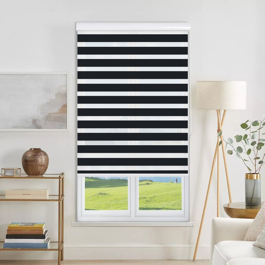 Joydeco black and white zebra stripe dual shade, cordless, light filtering, mounted on window.