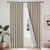 Joydeco beige linen blend pinch pleat blackout curtains with white lining on black rod.