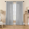 Ebony Grey Joydeco linen curtains with back tabs filter light in living room.