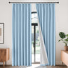 Joydeco light blue linen blackout curtains, pinch pleated thermal insulating drapes with white lining shown on black rod.
