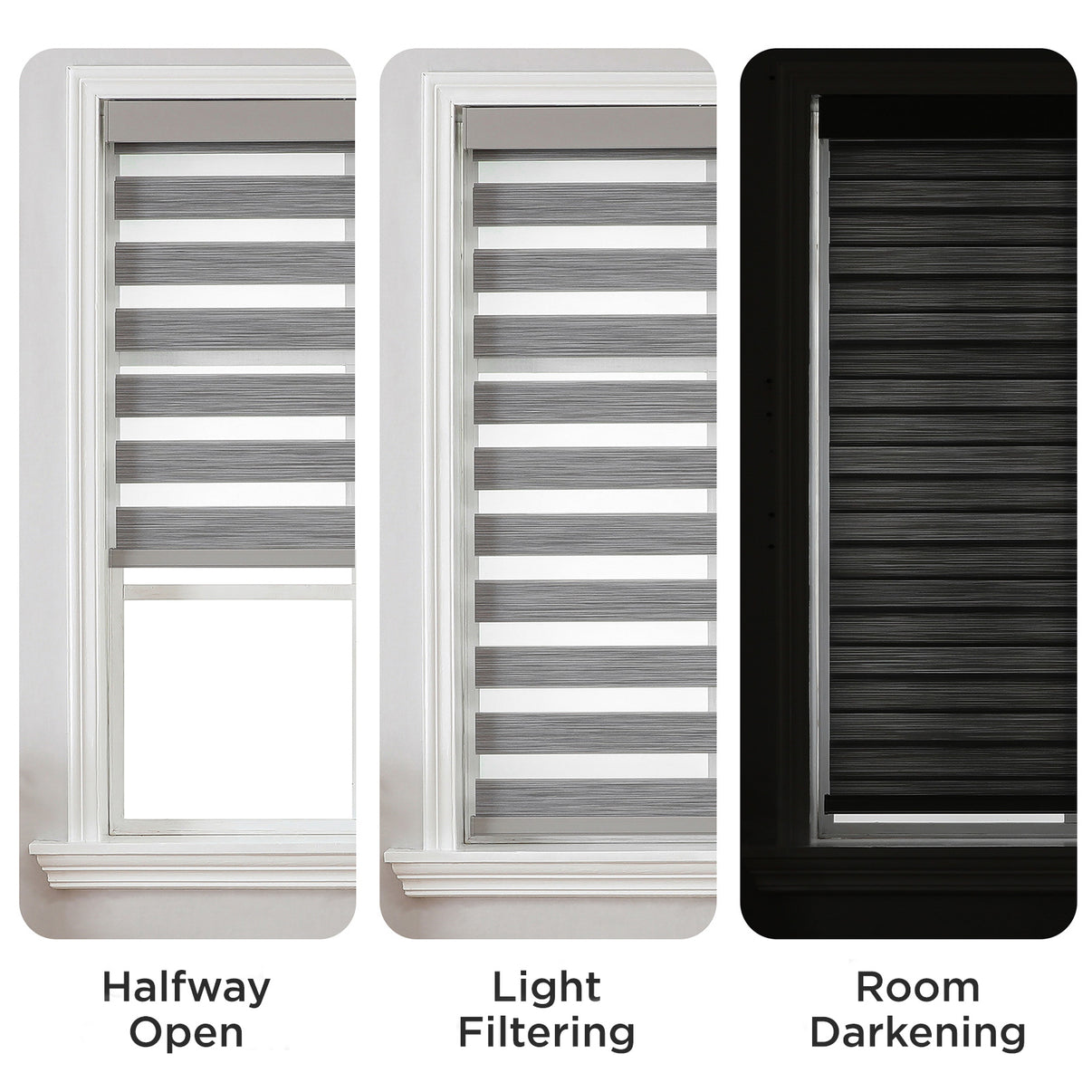 Joydeco Pro grey & white zebra blinds showing light control: halfway open, light filtering, room darkening.