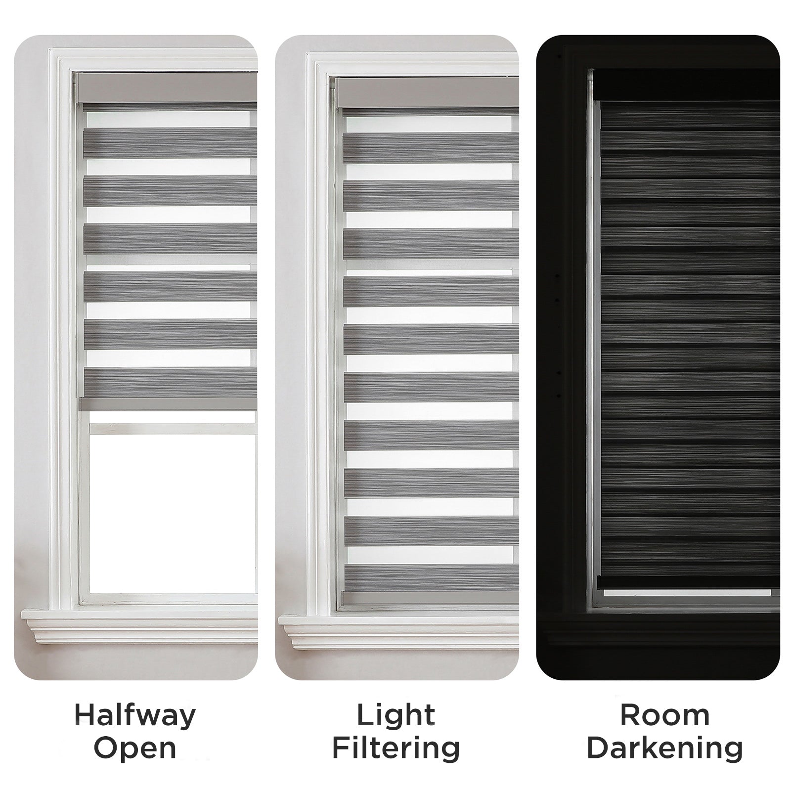 Joydeco Pro grey & white zebra blinds showing light control: halfway open, light filtering, room darkening.