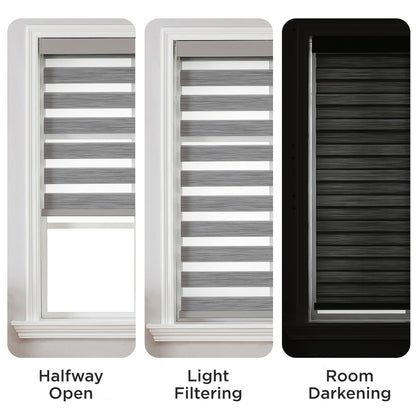 Joydeco Pro grey & white zebra blinds showing light control: halfway open, light filtering, room darkening.