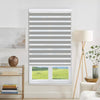 Grey & white striped cordless dual zebra shade, light filtering, polyester, sheer mesh, modern window treatment.