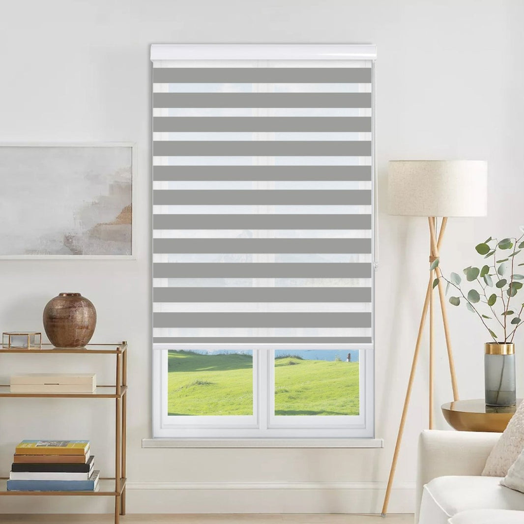 Grey & white striped cordless dual zebra shade, light filtering, polyester, sheer mesh, modern window treatment.