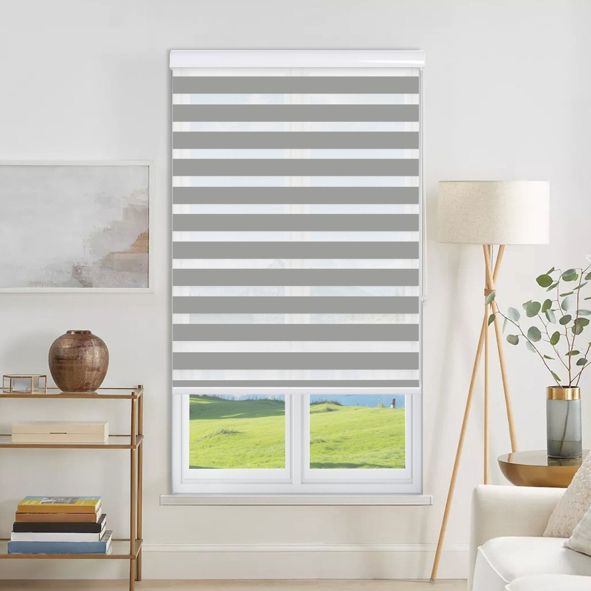 Grey & white striped cordless dual zebra shade, light filtering, polyester, sheer mesh, modern window treatment.
