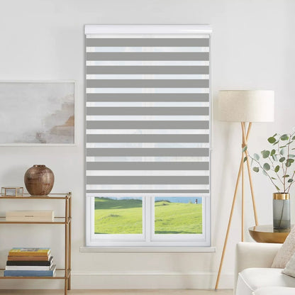 Grey & white striped cordless dual zebra shade, light filtering, polyester, sheer mesh, modern window treatment.