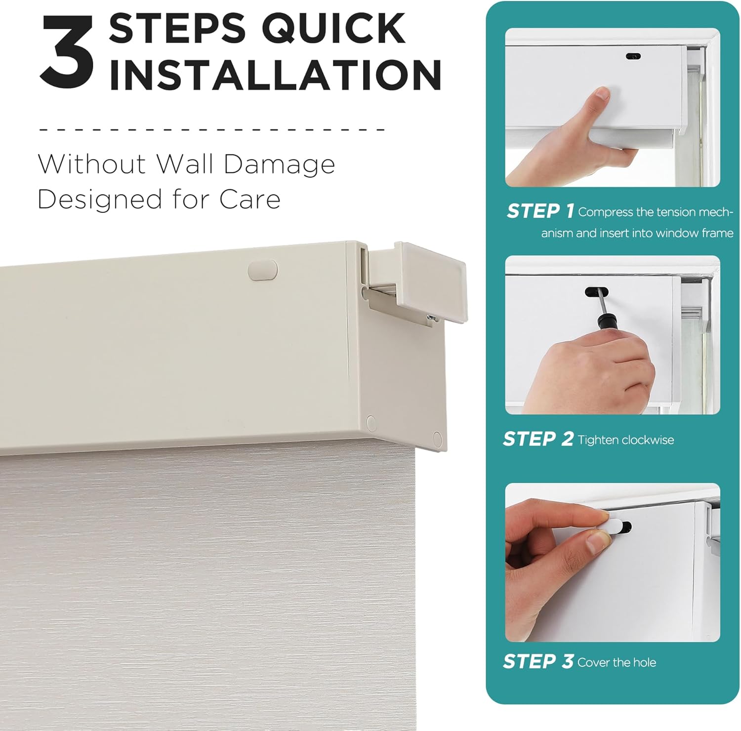 Diagram showing 3-step no-drill installation for cordless blackout roller shades, emphasizing damage-free window mounting.