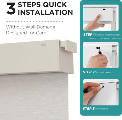 Diagram showing 3-step no-drill installation for cordless blackout roller shades, emphasizing damage-free window mounting.