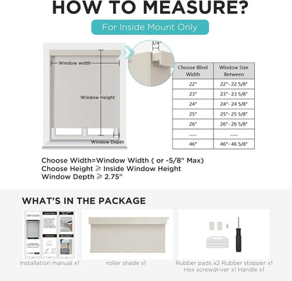 Measuring guide for inside mount cordless blackout roller shades. Includes sizing chart & package contents.