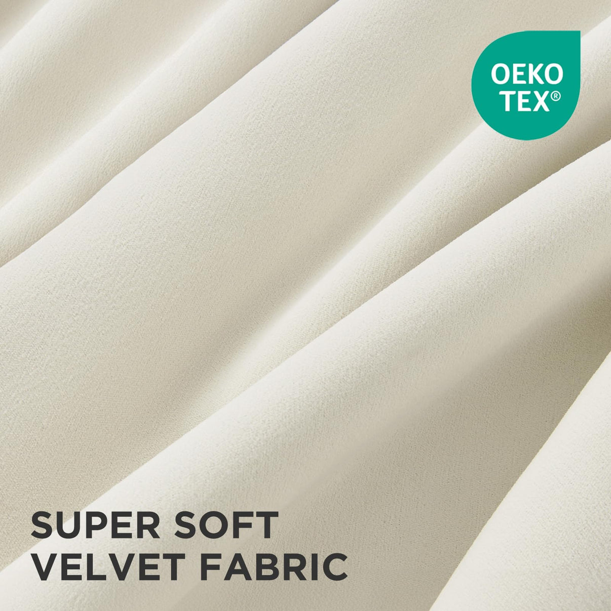Close-up of luxurious cream velvet fabric with OEKO TEX certification, showcasing soft texture.