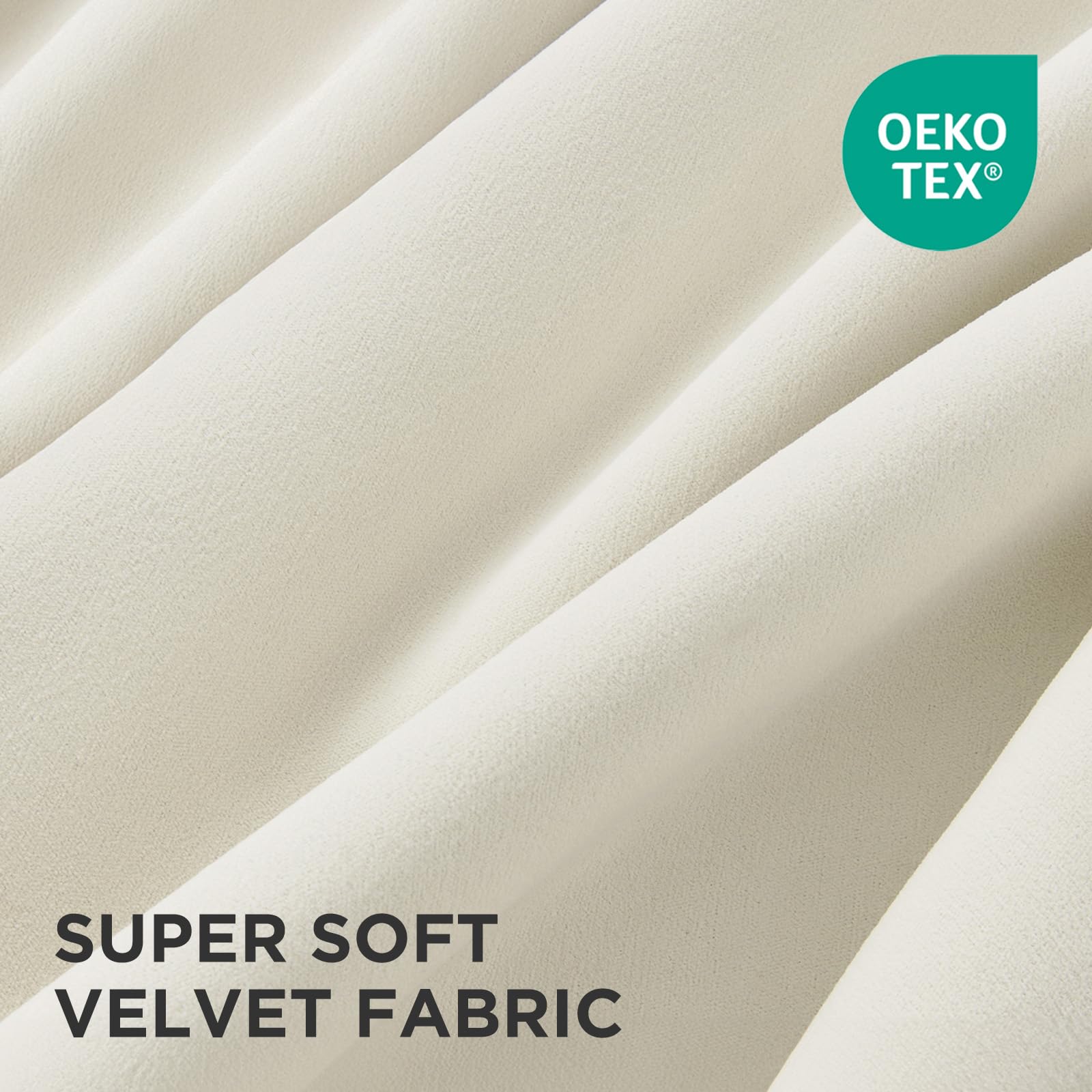 Close-up of luxurious cream velvet fabric with OEKO TEX certification, showcasing soft texture.