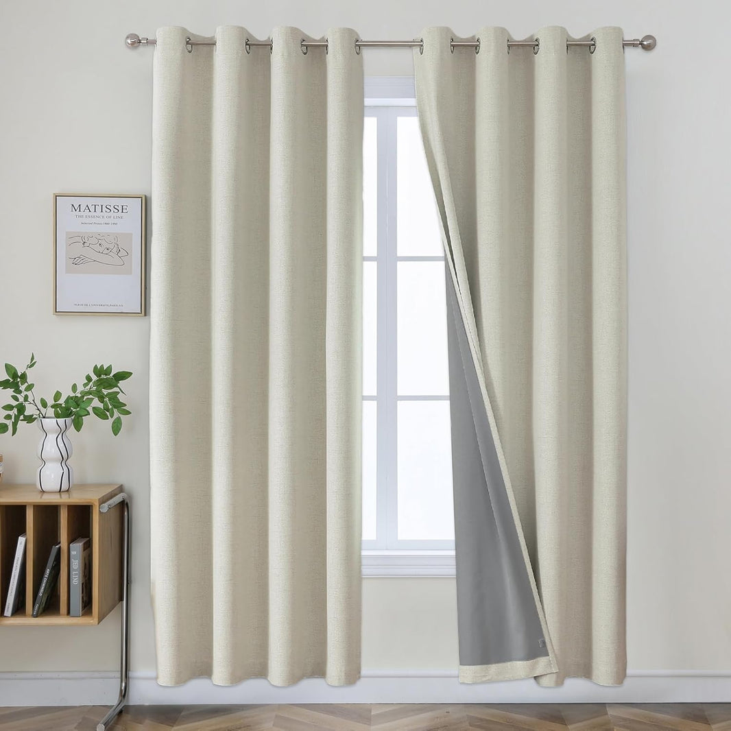 Joydeco Blackout Curtains 84 Inches Long 2 Panels Burg, Room Darkening Curtains for Bedroom, 100% Black Out Textured Thermal Drapes Privacy Protection 2 Panels Set(W42 x L84 Inch, Light Beige)