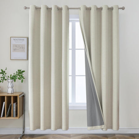 Joydeco Blackout Curtains 84 Inches Long 2 Panels Burg, Room Darkening Curtains for Bedroom, 100% Black Out Textured Thermal Drapes Privacy Protection 2 Panels Set(W42 x L84 Inch, Light Beige)