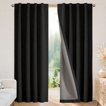 Joydeco Blackout Curtains for Bedroom - 100% Light Blocking 2 Panels Set Black Drapes 37" W x 90" L, Thermal Insulated Room Darkening Curtains, Linen Textured for Living Room, Rod Pocket & Back Tabs