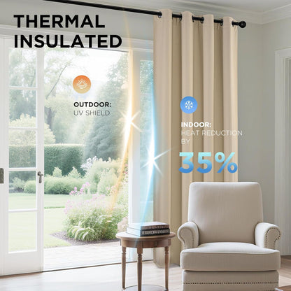 Joydeco Blackout Curtains 90 Inch Length 2 Panels Set, Thermal Insulated Long Curtains& Drapes 2 Burg, Room Darkening Grommet Drapes for Living Room Bedroom Window (W52 x L90 Inch, Light Beige)