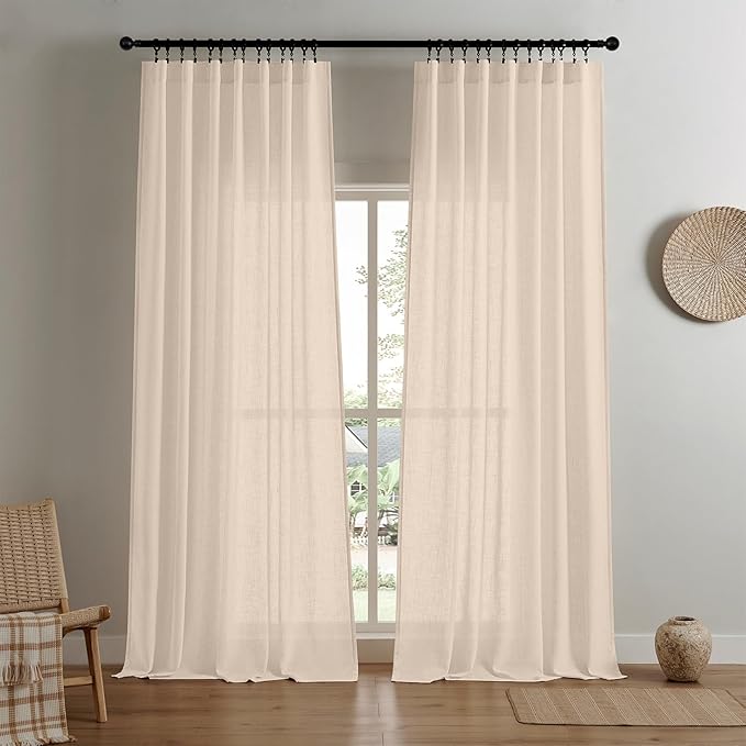 Pink beige Joydeco linen light filtering curtains in a living room setting.