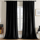 Joydeco Black Velvet CurtainsRod Pocket | Black 2 Panels Luxury Blackout Rod Pocket Thermal Insulated Window Curtains - Joydeco