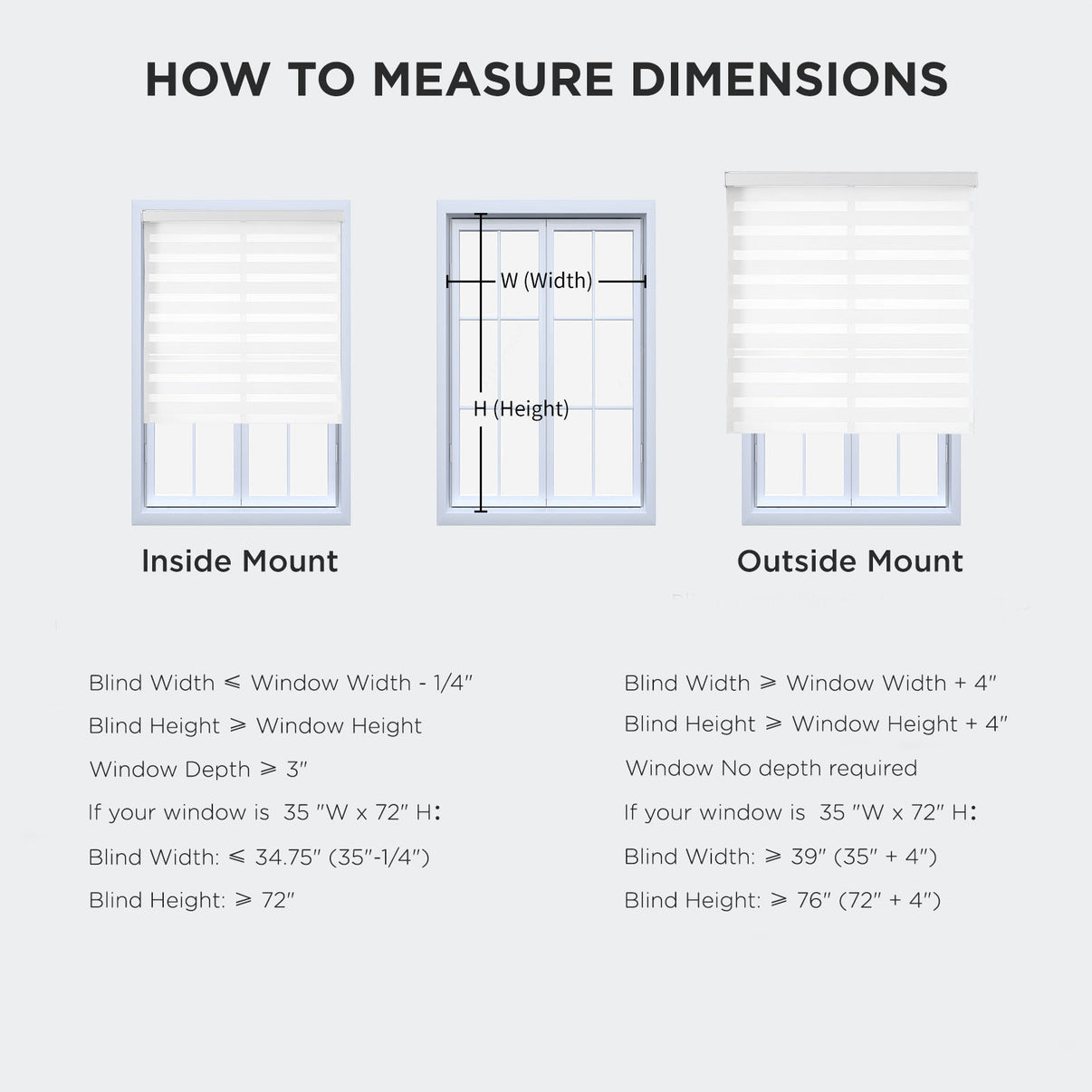 Guide showing how to measure for inside and outside mount zebra blinds, with width and height calculations.