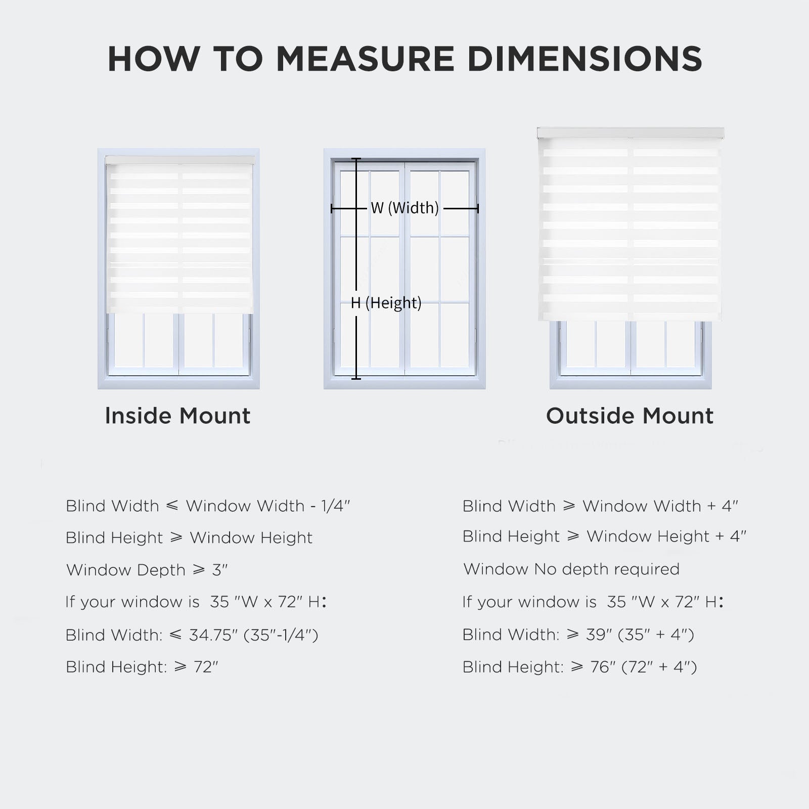 Guide showing how to measure for inside and outside mount zebra blinds, with width and height calculations.