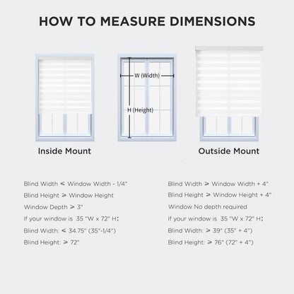 Guide showing how to measure for inside and outside mount zebra blinds, with width and height calculations.