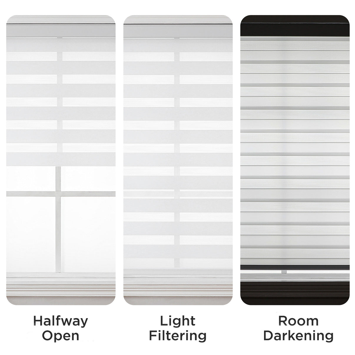 Free-Stop Zebra Blinds: Halfway open, light filtering, and room darkening settings demonstration.