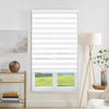 White Joydeco modern light filtering dual shade with sheer and solid stripes installed on a window.