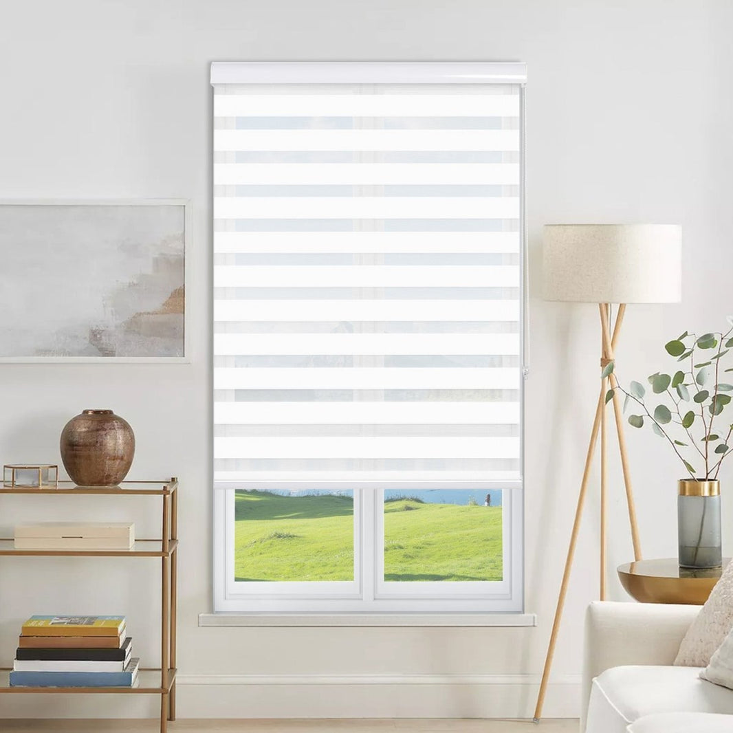 White Joydeco modern light filtering dual shade with sheer and solid stripes installed on a window.
