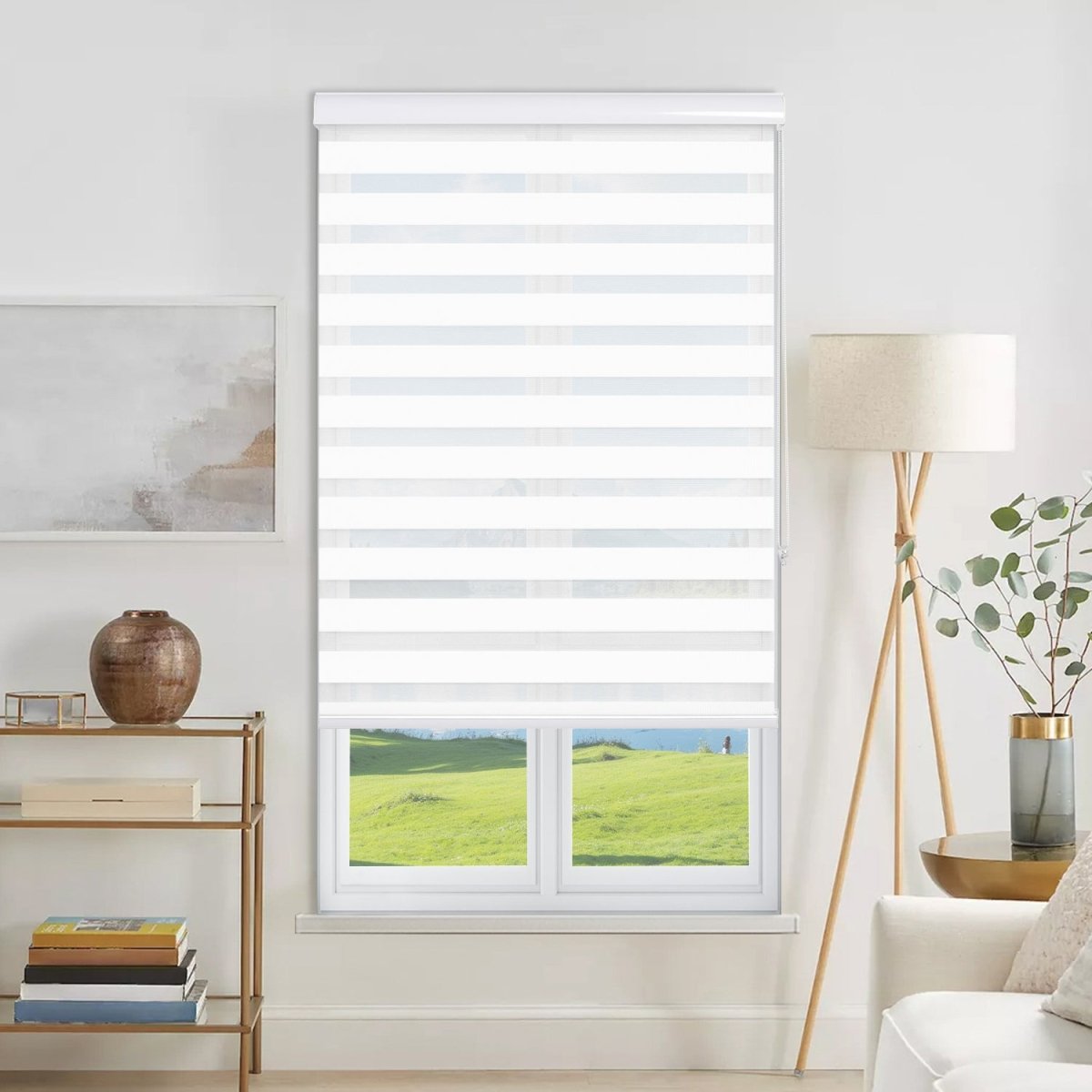 White Joydeco modern light filtering dual shade with sheer and solid stripes installed on a window.