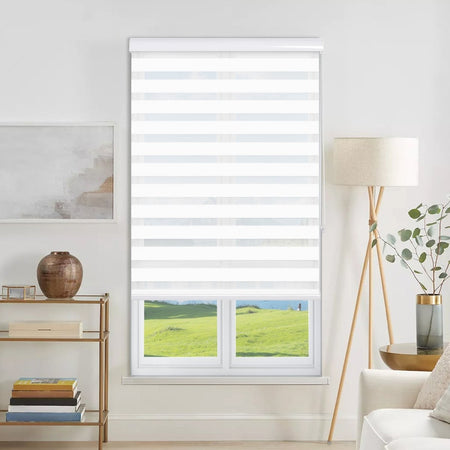 White Joydeco modern light filtering dual shade with sheer and solid stripes installed on a window.